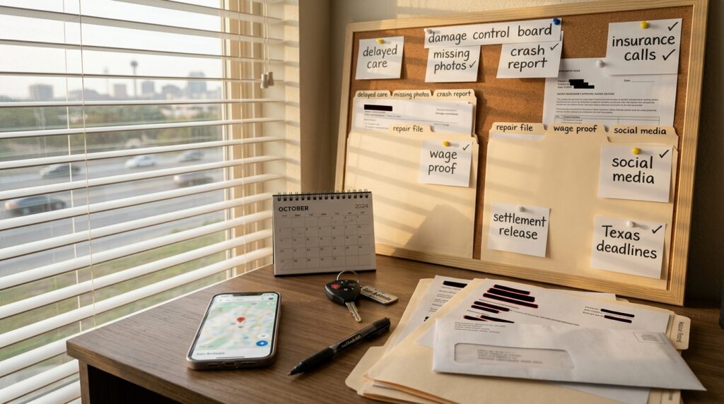 Common Mistakes That Hurt Injury Claims: A San Antonio Damage Control Guide San Antonio injury claim damage control board with medical timeline photo evidence crash report insurance log settlement release and Texas deadline notes