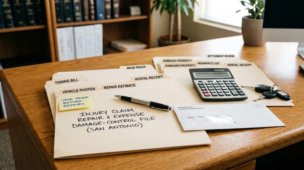 San Antonio injury claim repair and expense damage control file with vehicle photos repair estimate rental receipt wage proof damaged property and settlement review tabs