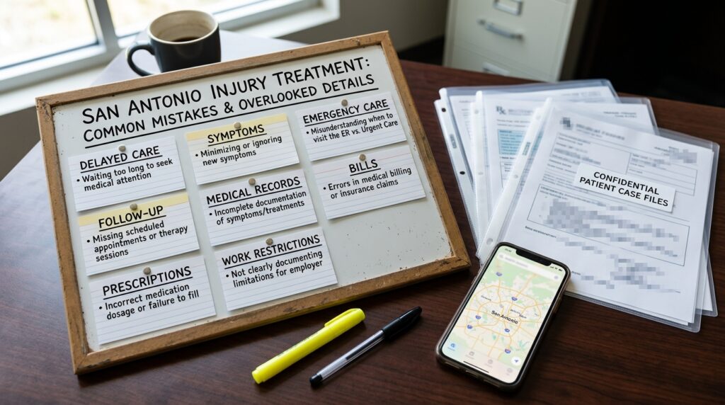San Antonio injury treatment mistake board with delayed care symptom notes medical records bills work restrictions and follow up appointment cards