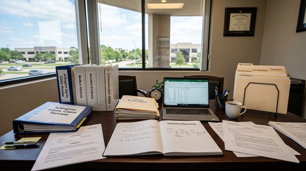 Arlington injury claim preparation showing insurance review documents evidence preservation and legal consultation planning