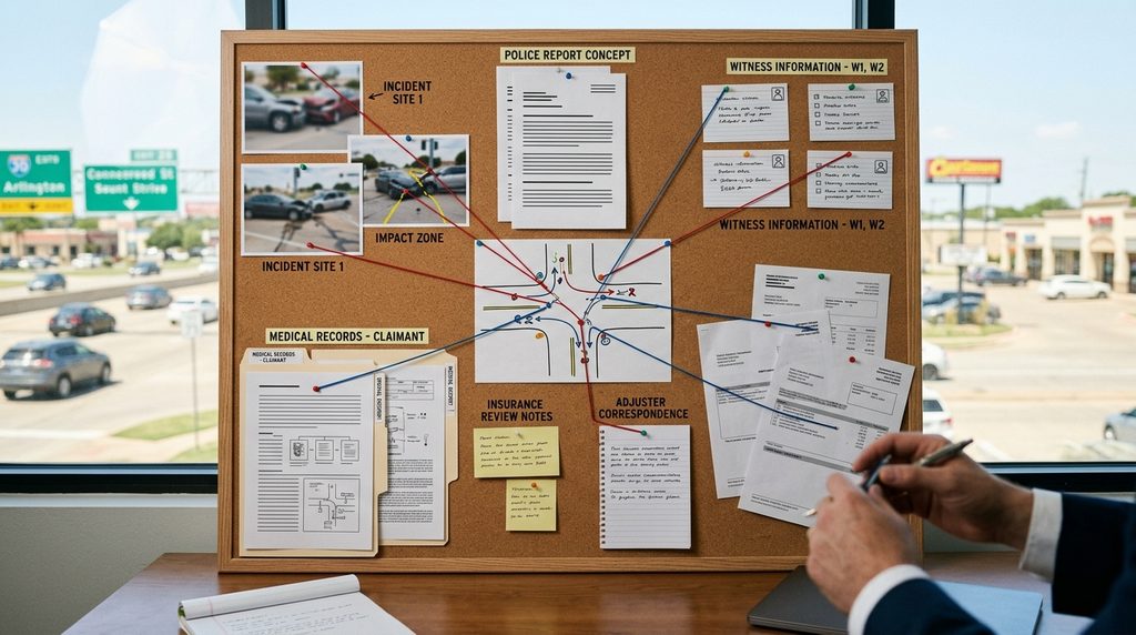 Arlington injury insurance investigation showing accident photos witness statements medical records and claim documentation